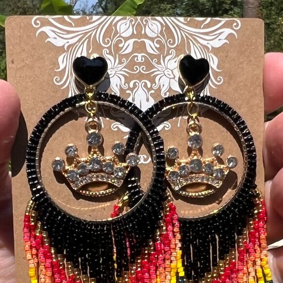 Handmade Beaded Queen Long Fringe Dangle Drop Lightweight Post Hoop Earrings - Picture 4 of 9